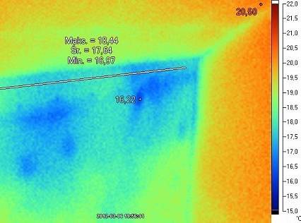 Termowizja Lokalizacja chłodnej części ścianki kolankowej z zaznaczonym zakresem temperatur